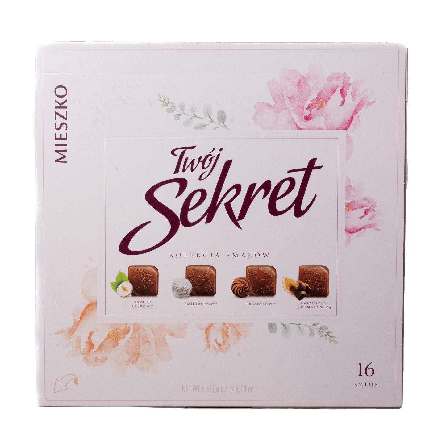 Mieszko Secret milk chocolates 16 piece box, 3.74 oz, front packaging with floral design and assorted chocolate flavors shown
