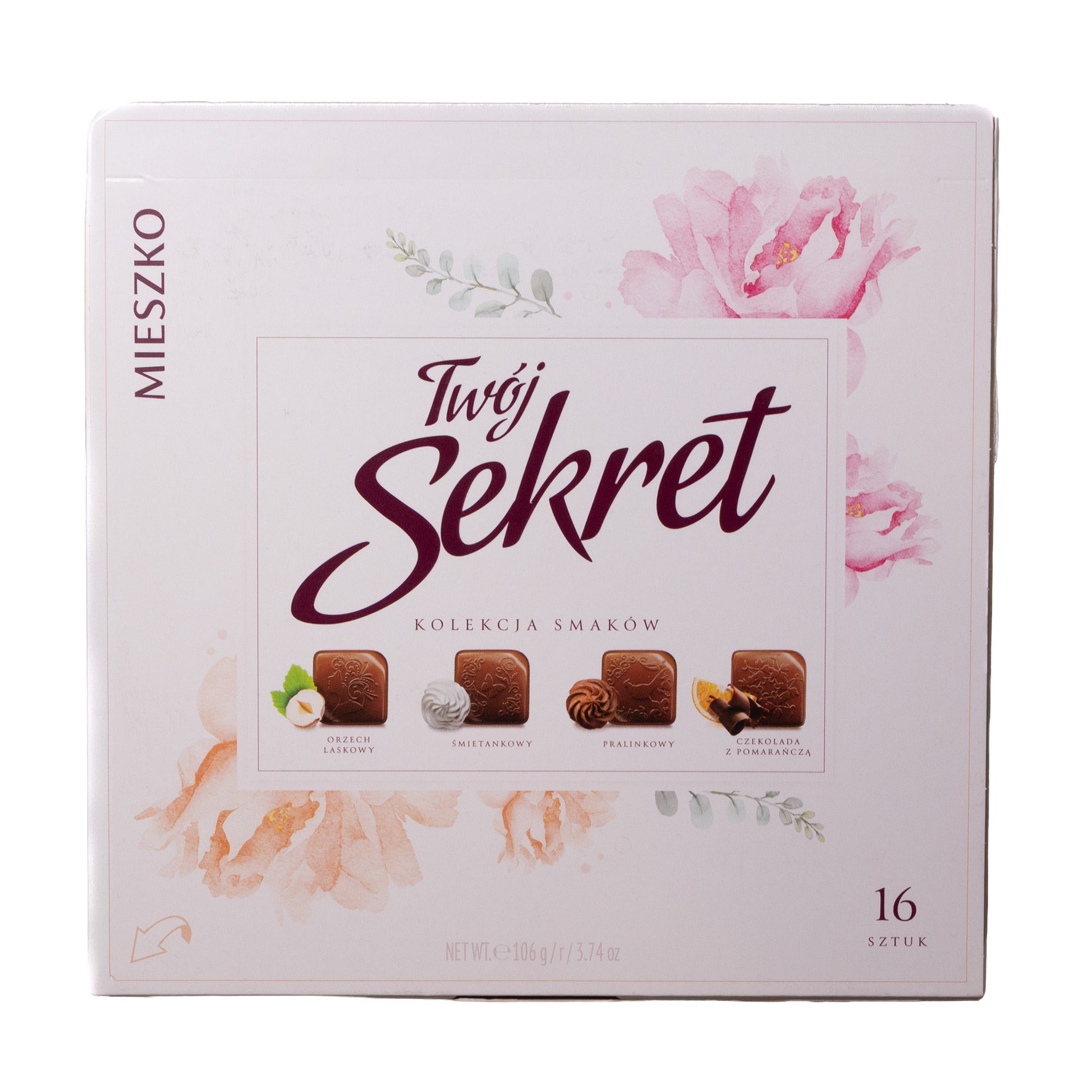 Mieszko Secret milk chocolates 16 piece box, 3.74 oz, front packaging with floral design and assorted chocolate flavors shown