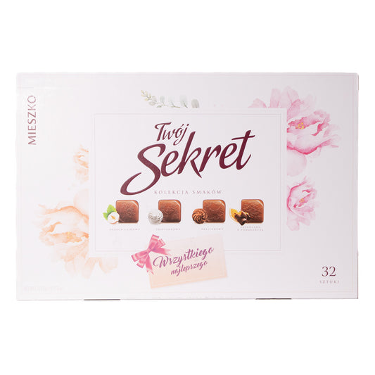 Mieszko Secret milk chocolates 32 piece box, 7.58 oz, front packaging with floral design and assorted chocolate flavors shown