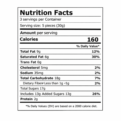 Milka Cow Spots Kuhflecken alpine milk chocolate bar, 3.17 oz — nutrition facts label (serving size 5 pieces / 30 g)