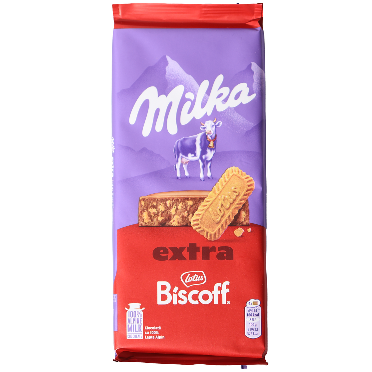 Milka Extra Lotus Biscoff chocolate bar in a purple and red wrapper with biscuit and chocolate illustrations.