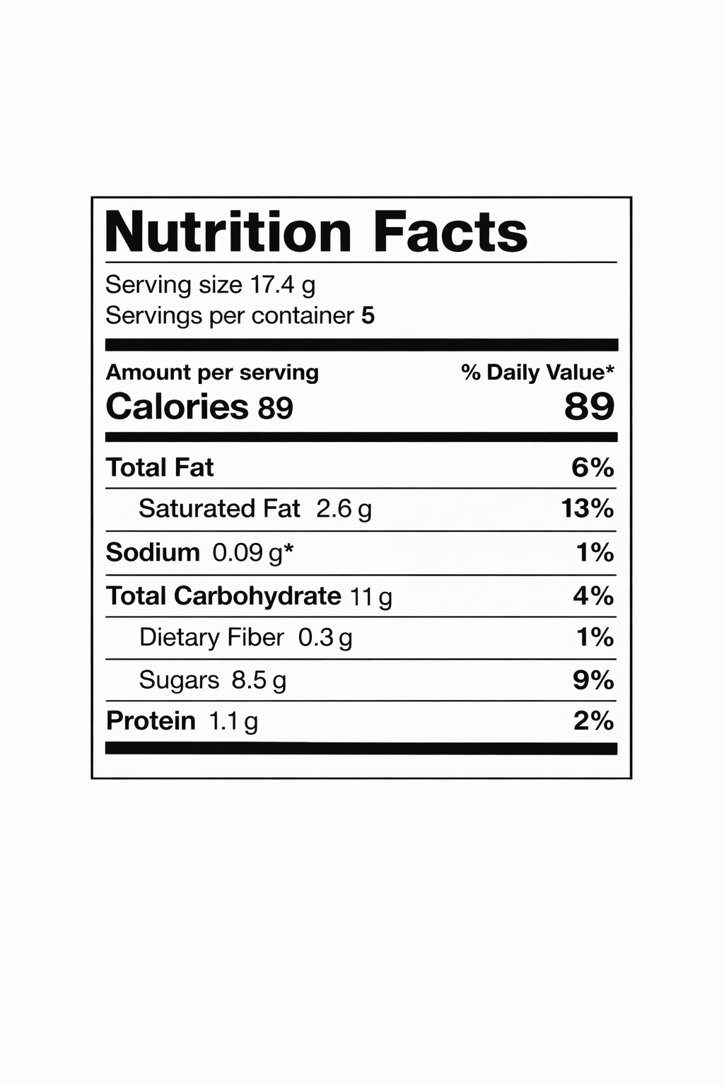 Nutrition facts label for Milka LU chocolate bar with biscuit — 5 servings per container; serving size 17.4 g; 89 calories per serving; total fat 6% DV (sat fat 2.6 g, 13% DV); sodium 1% DV; total carbs 11 g (4% DV) with sugars 8.5 g; protein 1.1 g.
