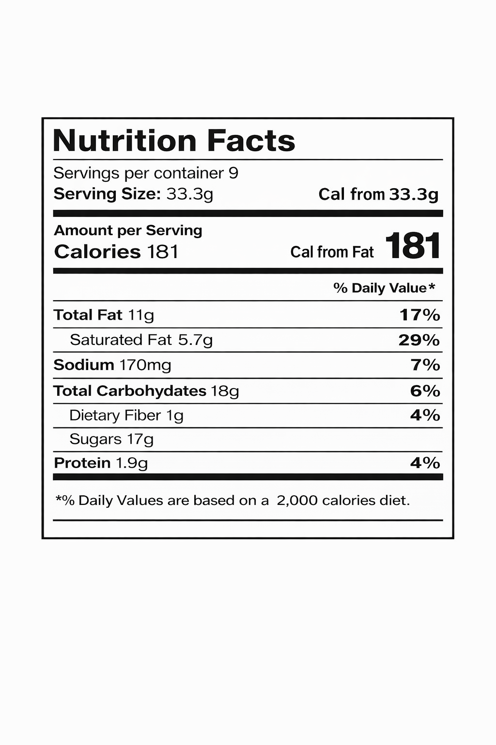 Milka MMMAX Almond Caramel Alpine Milk Chocolate Bar, 10 oz — nutrition facts label (9 servings per container; serving size 33.3 g; calories 181; total fat 11 g; saturated fat 5.7 g; sodium 170 mg; total carbohydrates 18 g; dietary fiber 1 g; sugars 17 g; protein 1.9 g) on a white background.