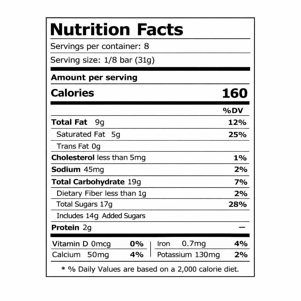 Nutrition facts label for Milka MMMAX Luflée Caramel alpine milk chocolate bar: 8 servings per container, serving size 1/8 bar (31g), 160 calories; total fat 9g (sat 5g), sodium 45mg, carbs 19g (fiber <1g, total sugars 17g incl. 14g added), protein 2g.