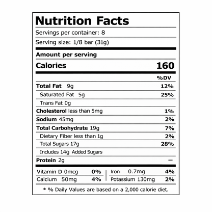 Nutrition facts label for Milka MMMAX Luflée Caramel alpine milk chocolate bar: 8 servings per container, serving size 1/8 bar (31g), 160 calories; total fat 9g (sat 5g), sodium 45mg, carbs 19g (fiber <1g, total sugars 17g incl. 14g added), protein 2g.