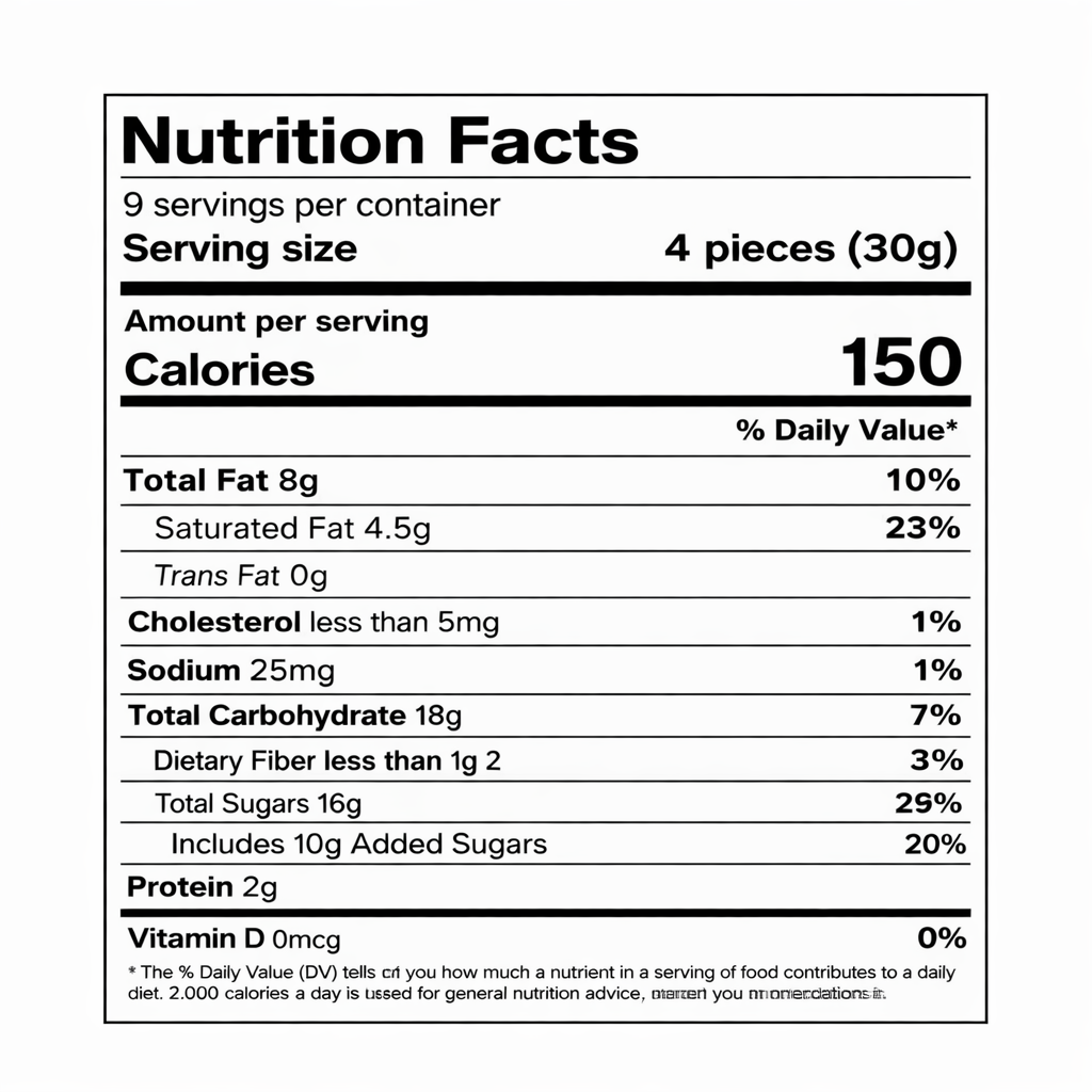 Nutrition facts label for Milka MMMAX Raisin & Nuts Milk Chocolate Bar (9.52oz): 9 servings per container, serving size 4 pieces (30g), 150 calories. Total fat 8g (10% DV), saturated fat 4.5g (23%), trans fat 0g; cholesterol <5mg (1%); sodium 25mg (1%); total carbs 18g (7%), dietary fiber <1g (3%); total sugars 16g including 10g added sugars (20%); protein 2g; vitamin D 0mcg (0%).