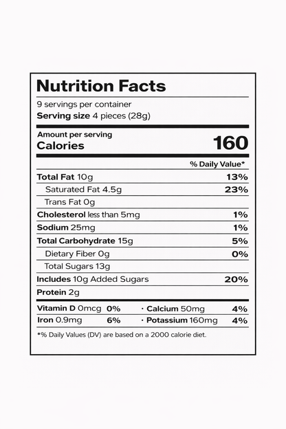 Nutrition facts label for Milka MMMAX Whole Hazelnuts Alpine Milk Chocolate Bar, 8.81 oz — 9 servings per container; serving size 4 pieces (28g); 160 calories; total fat 10g (13% DV); saturated fat 4.5g (23% DV); cholesterol <5mg (1% DV); sodium 25mg (1% DV); total carbohydrate 15g (5% DV); total sugars 13g (includes 10g added sugars, 20% DV); protein 2g; vitamin D 0mcg (0% DV); calcium 50mg (4% DV); iron 0.9mg (6% DV); potassium 160mg (4% DV.