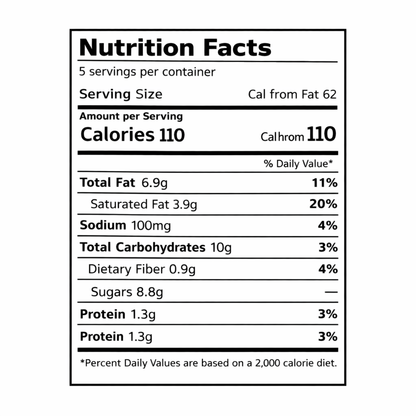 Nutrition facts label — 5 servings per container; calories 110; total fat 6.9g (sat fat 3.9g); sodium 100mg; total carbs 10g (fiber 0.9g, sugars 8.8g); protein 1.3g.