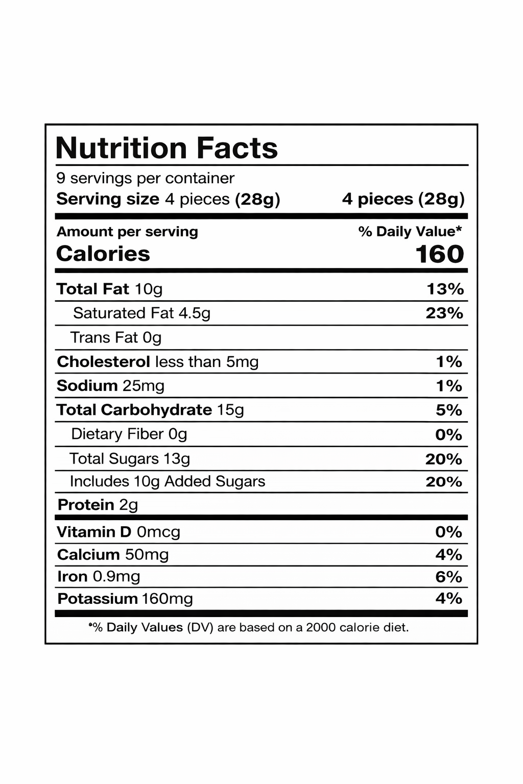 Nutrition facts label for Milka Whole Hazelnuts Alpine Milk Chocolate Bar — 9 servings per container, serving size 4 pieces (28g), 160 calories per serving.