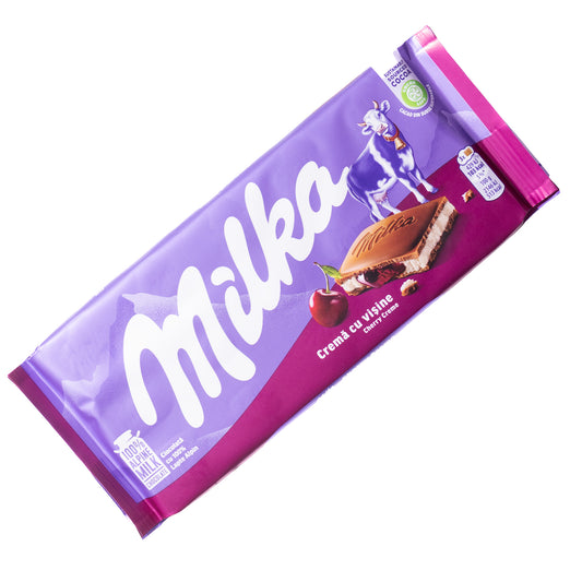 Milka alpine milk chocolate cherry cream bar, 3.5 oz, front wrapper in purple with cherry and chocolate piece shown