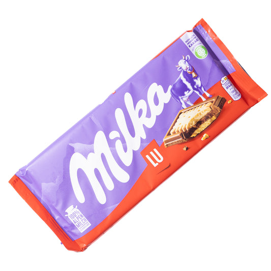 Milka LU milk chocolate bar with biscuit, 3 oz — purple and red wrapper on white background