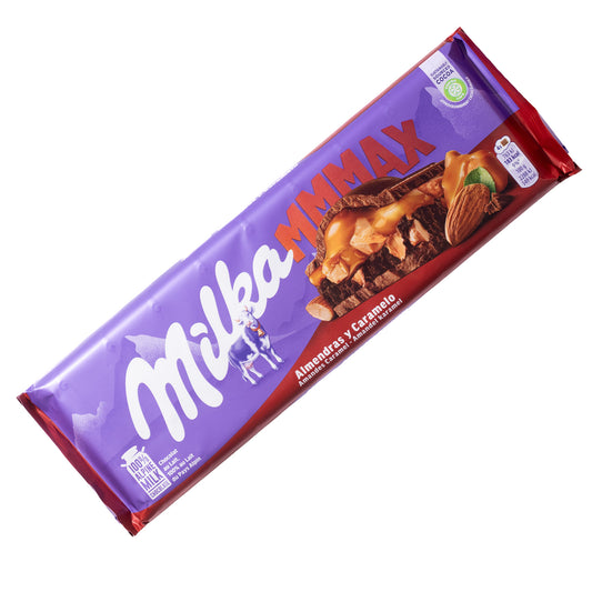 Milka MMMAX Almond Caramel Alpine Milk Chocolate Bar, 10 oz — purple Milka bar wrapper with “MMMAX” branding and almond caramel pieces on the front, on a white background.
