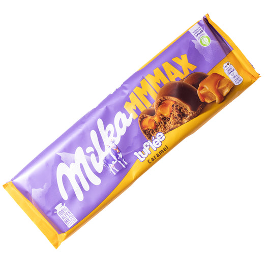 Milka MMMAX Luflée Caramel alpine milk chocolate bar, 8.81 oz, purple and yellow wrapper with caramel-filled chocolate pieces shown.