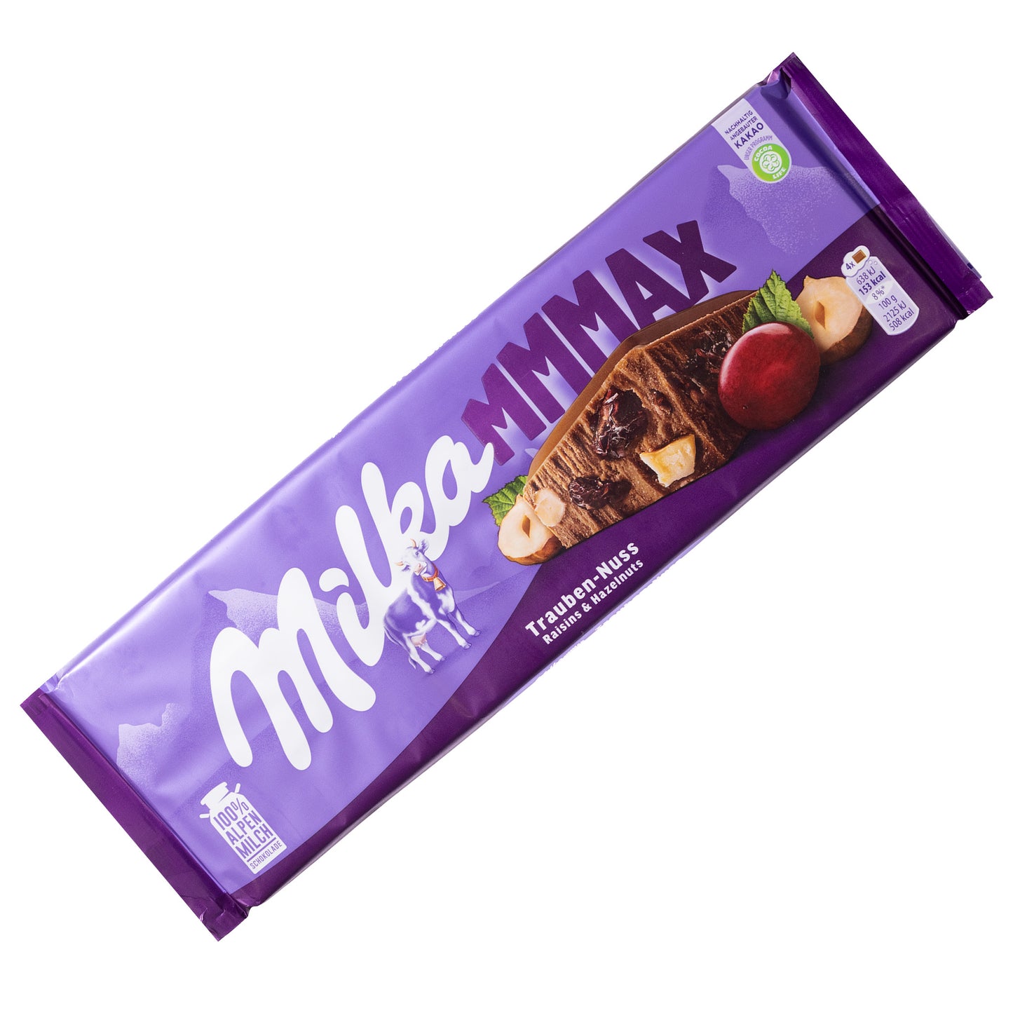 Milka MMMAX Raisin & Nuts milk chocolate bar, 9.52 oz — purple wrapper with raisins and hazelnuts pictured, on a white background.