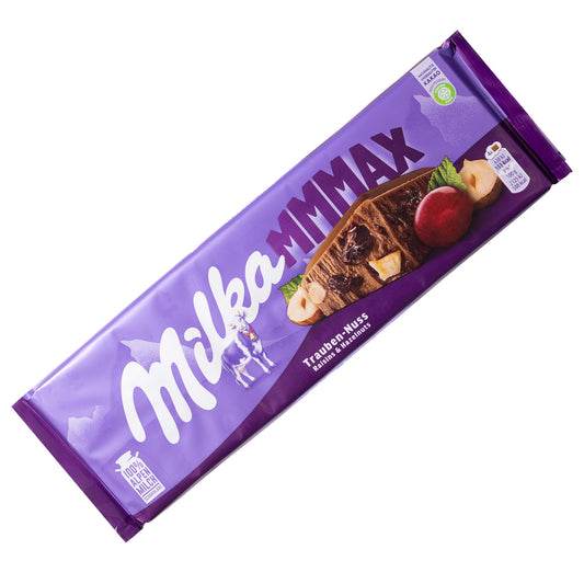 Milka MMMAX Raisin & Nuts milk chocolate bar, 9.52 oz — purple wrapper with raisins and hazelnuts pictured, on a white background.