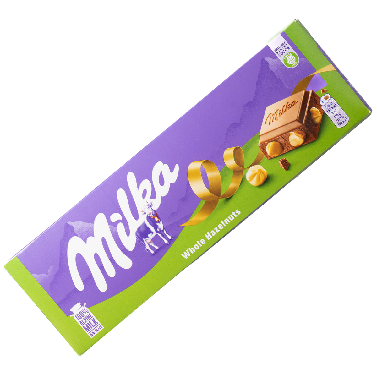 Milka Whole Hazelnuts Alpine Milk Chocolate Bar, 8.81 oz — purple-and-green Milka chocolate bar packaging labeled “Whole Hazelnuts” on a white background.