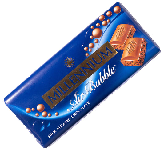 Millennium Air Bubble milk aerated chocolate bar, 3.17 oz, front wrapper in blue with chocolate pieces shown