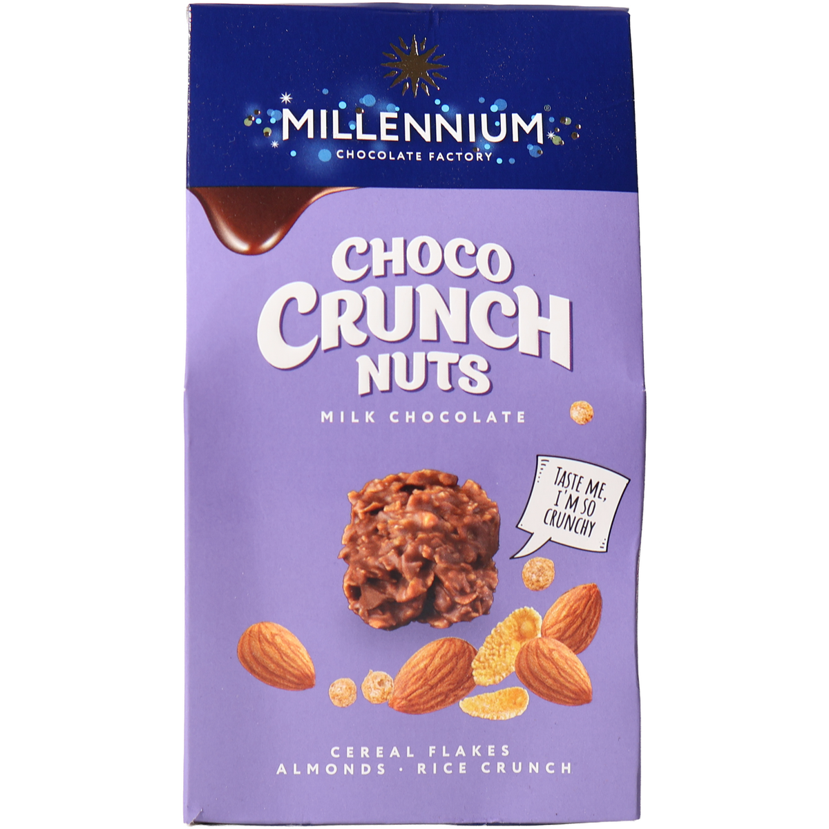 Millennium Choco Crunch Nuts milk chocolate clusters in a purple box with almond and cereal illustrations.