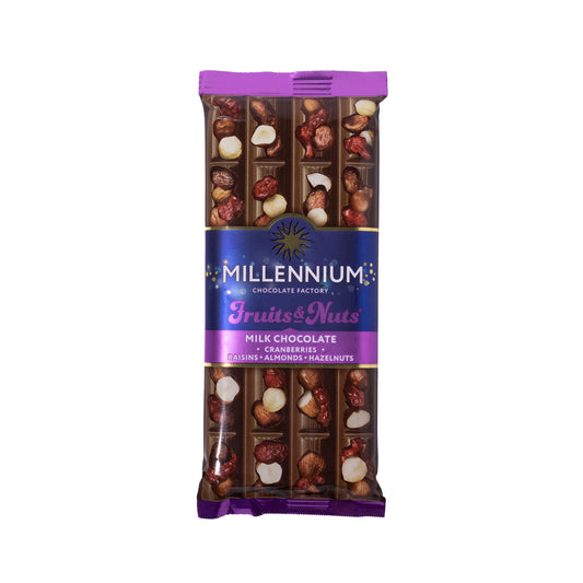 Millennium Fruits & Nuts milk chocolate bar, 3.17 oz, front wrapper with visible nuts and dried fruit pieces