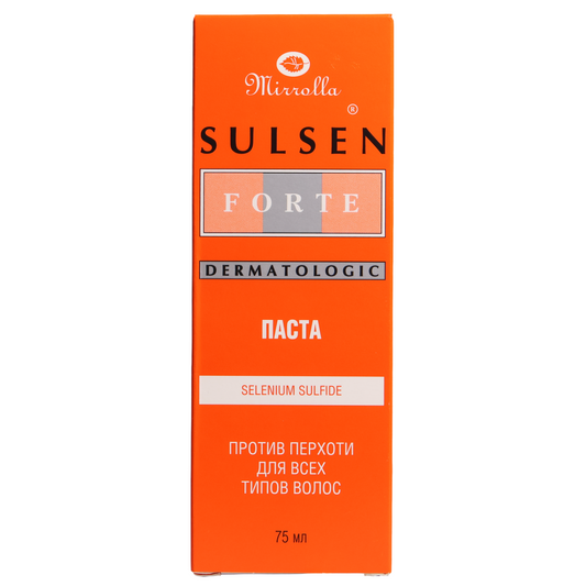 Mirrolla Sulsen Forte Selenium Sulfide Anti-Dandruff Hair Paste, 2.5 fl oz — a dermatologic scalp paste formulated with selenium sulfide for dandruff-prone hair and scalp. Designed for all hair types, the formula provides targeted scalp care to help control visible dandruff and maintain a cleaner, healthier-looking scalp. Use according to package directions as part of an anti-dandruff hair-care routine.
