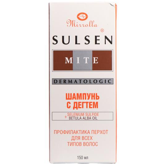 Mirrolla Sulsen Mite Dandruff Shampoo with Birch Tar, 5.1 fl oz — a dermatologic shampoo formulated with selenium sulfide and birch tar oil for dandruff-prone hair and scalp. Designed for all hair types, the formula helps cleanse the scalp and is intended for regular dandruff-prevention care. Use according to the package directions as part of your scalp and hair-care routine.
