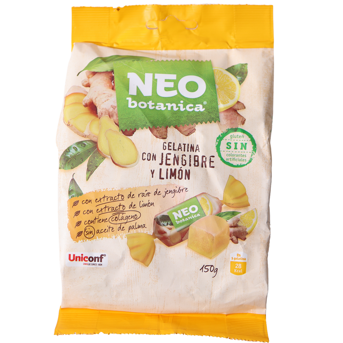 Neo Botanica ginger and lemon jelly candy bag with yellow trim and ginger and lemon illustrations.