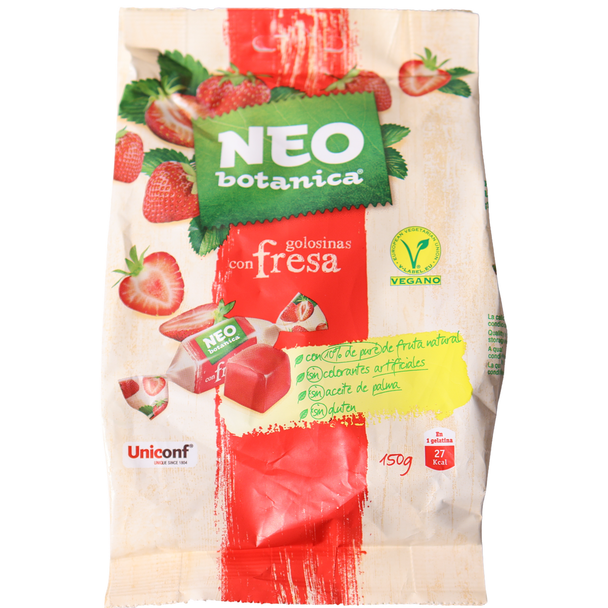 Neo Botanica strawberry jelly candy in a cream and red bag with strawberry and wrapped-candy illustrations.