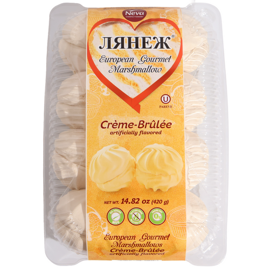 Neva Lyanezh Creme Brulee European Gourmet Marshmallow, 14.82 oz — soft and airy European-style marshmallows with a sweet crème brûlée flavor. These delicate, creamy treats make an excellent dessert on their own and pair well with coffee or tea.
