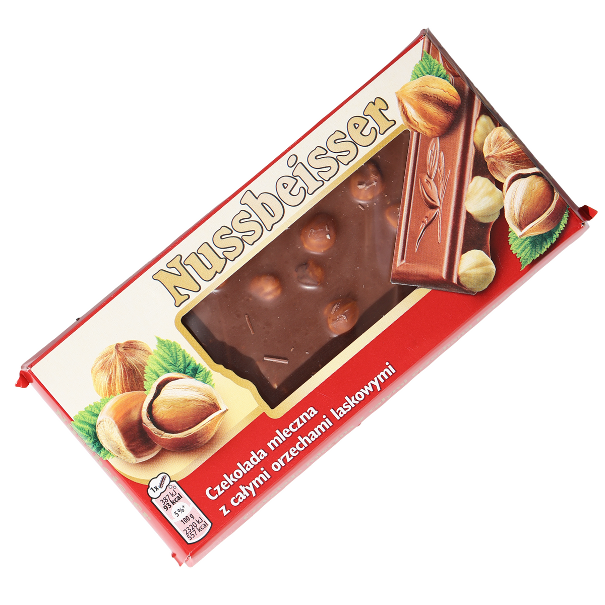 Nussbeisser whole hazelnut milk chocolate in a cream and red wrapper with the nut-studded bar visible.