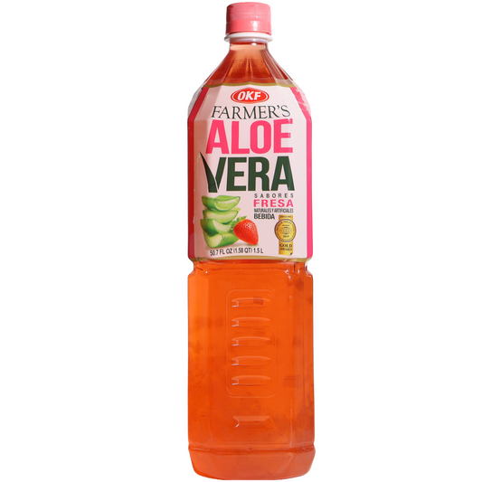 OKF Farmer’s Aloe Vera Strawberry Drink, 50.7 fl oz (1.5 L) — aloe vera beverage with strawberry flavor, featuring aloe vera leaves and strawberry imagery on the front bottle label.
