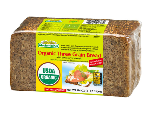 pack of Organic Three Grain Bread w/ Whole Rye Kernels, 500g