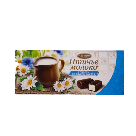 Penzenskaya Ptichye Moloko cream chocolate glazed souffle candies box, 7.04 oz, front packaging with cup and flowers