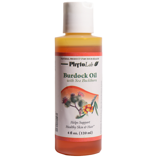 PhytoLab Burdock Oil with Sea Buckthorn for Hair, 4 fl oz — a botanical hair and scalp oil combining burdock oil with sea buckthorn. Formulated to help support healthy-looking hair and nourish the scalp as part of a regular hair-care routine. The oil can be used to condition and moisturize the hair and scalp, helping leave hair feeling softer and more manageable.
