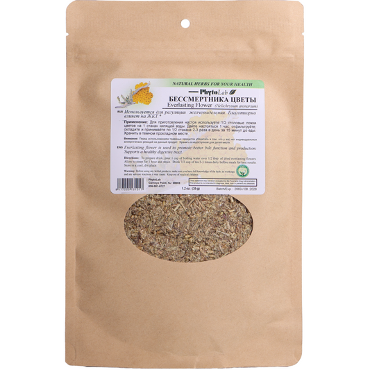 PhytoLab Everlasting Flower Dried Herb, 1.2 oz — brown resealable pouch with front label and visible dried everlasting flower herb through clear window.
