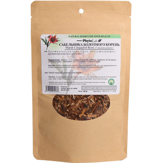 PhytoLab Marsh Cinquefoil Root herbal tea, 1.6 oz, brown resealable pouch with front label and visible dried roots.