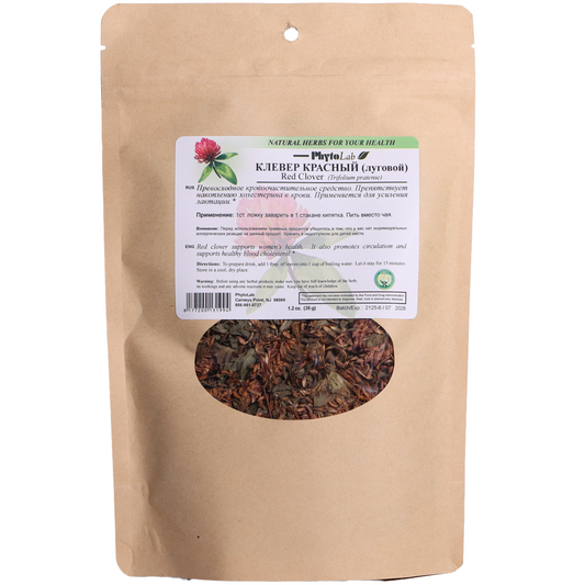 PhytoLab Red Clover Herbal Tea, 1.2 oz — brown resealable pouch with front label and visible dried red clover blossoms through clear window.
