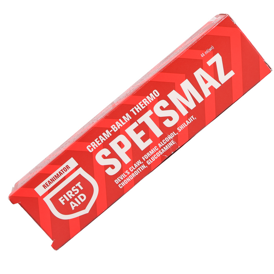 Reanimator Specsmaz Thermo Warming Cream Balm, 1.49 fl oz — a warming topical cream-balm formulated with devil’s claw, formic alcohol, shilajit, chondroitin, glucosamine, and other active ingredients. Designed to provide a warming sensation when massaged into targeted areas while supporting everyday muscle and joint care. Suitable for topical use as part of a regular body-care routine.
