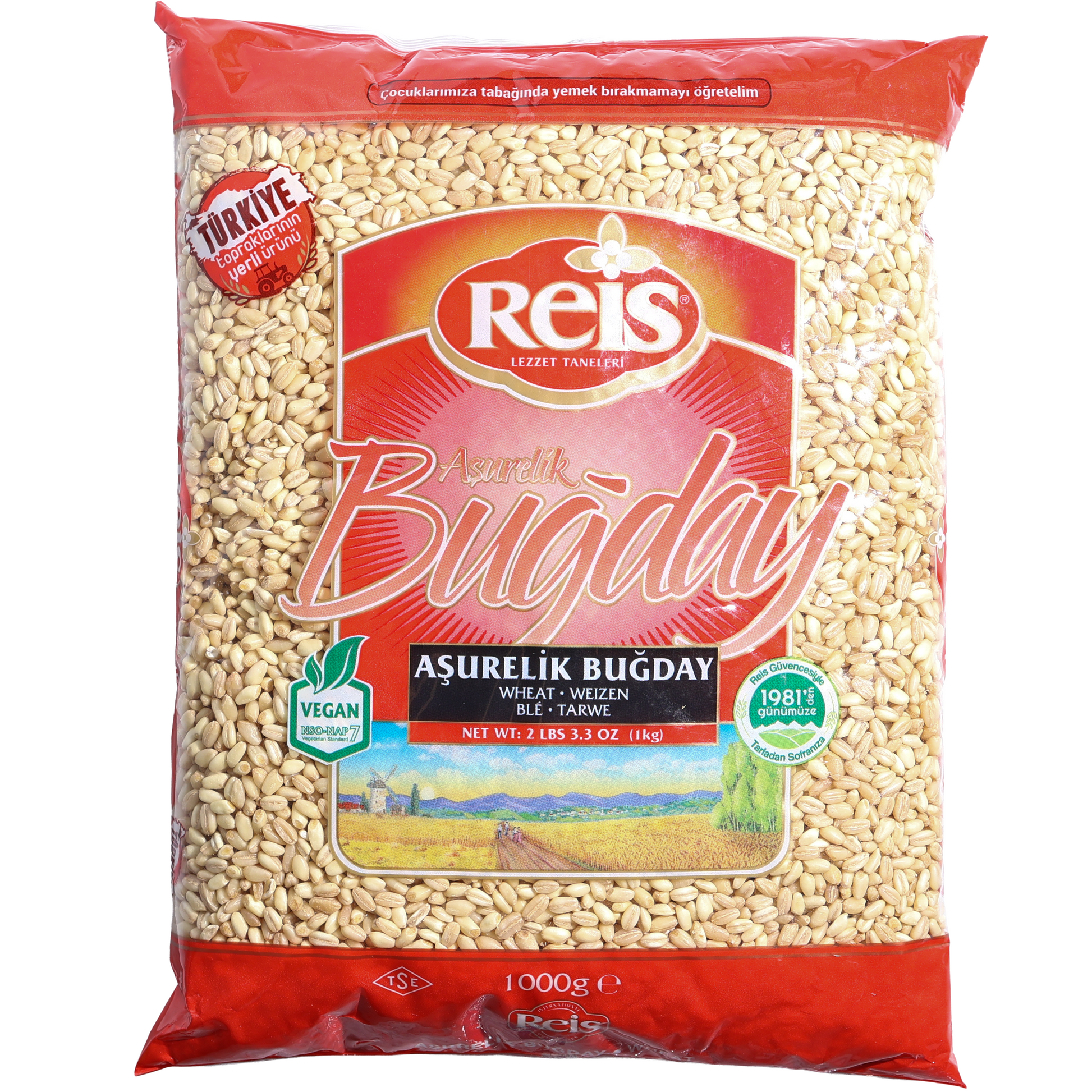 Reis Ashure Wheat, 35.3 oz (1 kg) — whole wheat kernels traditionally used for Ashure (Noah’s Pudding), soups, pilafs, and hearty grain dishes. A vegan-friendly pantry staple made from carefully selected wheat grains and packaged in a clear bag with Reis branding.
