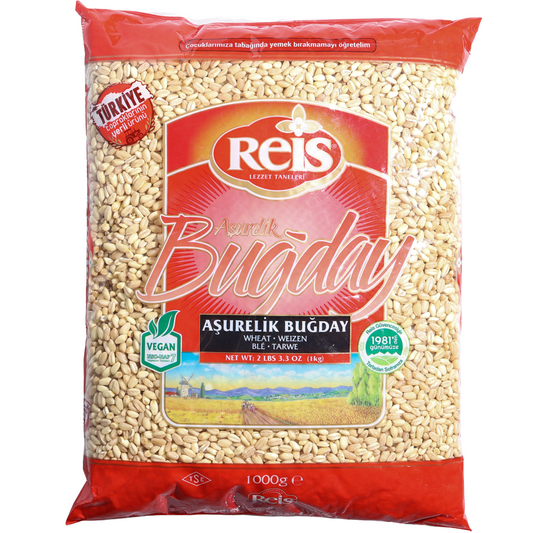 Reis Ashure Wheat, 35.3 oz (1 kg) — whole wheat kernels traditionally used for Ashure (Noah’s Pudding), soups, pilafs, and hearty grain dishes. A vegan-friendly pantry staple made from carefully selected wheat grains and packaged in a clear bag with Reis branding.
