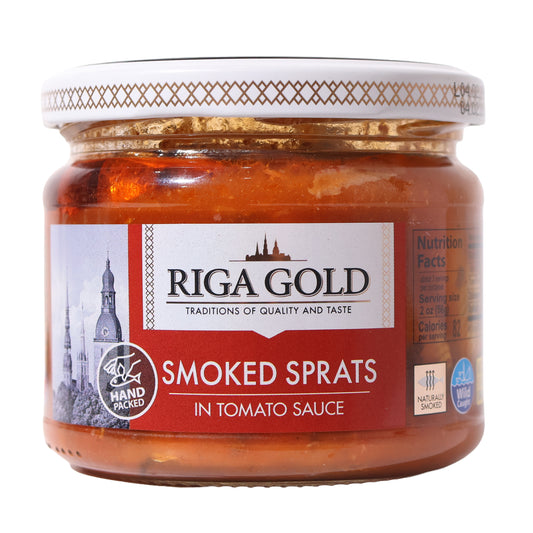 Riga Gold Smoked Sprats in Tomato Sauce, 8.82oz