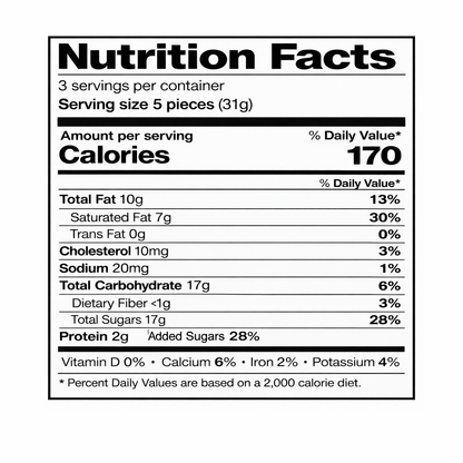 Nutrition Facts label for Ritter Sport Alpenmilch (Alpine Milk) chocolate bar — 3 servings per container, serving size 5 pieces (31 g), 170 calories per serving.