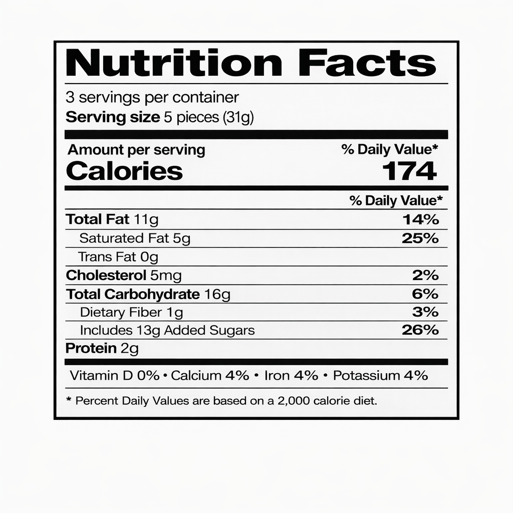 Nutrition facts label for Ritter Sport Amicelli Hazelnut Cream & Wafer milk chocolate bar (serving size 5 pieces / 31 g) on a white background.