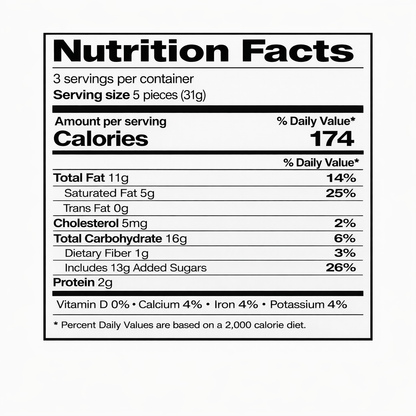 Nutrition facts label for Ritter Sport Amicelli Hazelnut Cream & Wafer milk chocolate bar (serving size 5 pieces / 31 g) on a white background.