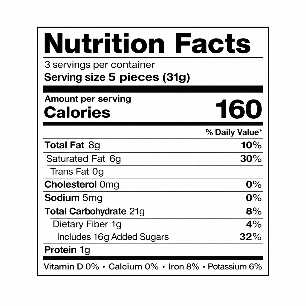 Nutrition facts label for Ritter Sport dark chocolate with peppermint filling, 3.5 oz — serving size 5 pieces (31 g), 160 calories.