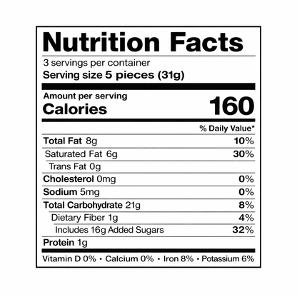 Nutrition facts label for Ritter Sport dark chocolate with peppermint filling, 3.5 oz — serving size 5 pieces (31 g), 160 calories.