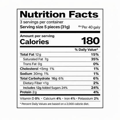 Nutrition Facts label showing 3 servings per container, serving size 5 pieces (31g), 180 calories, total fat 12g (15% DV), saturated fat 7g (35% DV), sodium 30mg (1% DV), total carbs 16g (6% DV) including 12g added sugars (24% DV), and protein 2g (4% DV).
