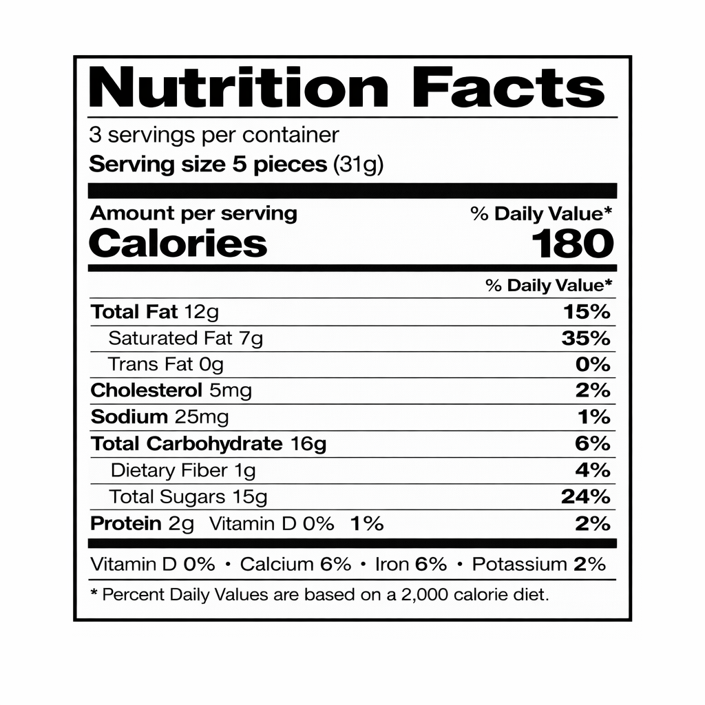 Nutrition facts label (Ritter Sport Fine Milk Chocolate) — serving size 5 pieces (31g), 3 servings per container, 180 calories; total fat 12g (15% DV), saturated fat 7g (35% DV), cholesterol 5mg (2% DV), sodium 25mg (1% DV), total carbs 16g (6% DV), dietary fiber 1g (4% DV), total sugars 15g; vitamin D 0%, calcium 6%, iron 6%, potassium 2%.
