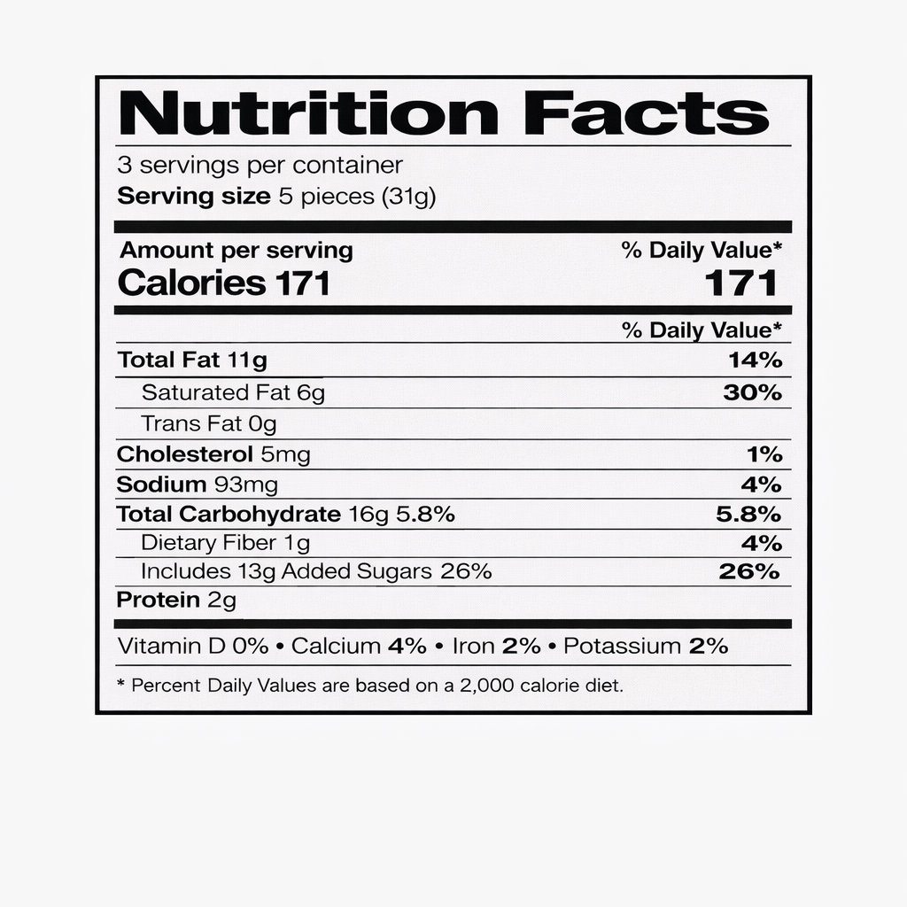 Nutrition facts label for Ritter Sport Waffel cocoa cream wafer milk chocolate bar, 3.5 oz — serving size 5 pieces (31 g), 3 servings per container, 171 calories per serving.