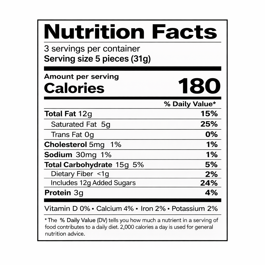 Ritter Sport Weisse Voll-Nuss white chocolate with whole hazelnuts, 3.5 oz — nutrition facts label (3 servings per container; serving size 5 pieces/31 g)