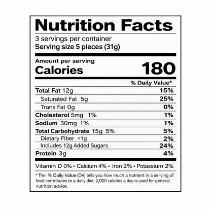 Ritter Sport Weisse Voll-Nuss white chocolate with whole hazelnuts, 3.5 oz — nutrition facts label (3 servings per container; serving size 5 pieces/31 g)